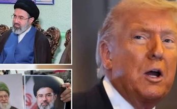 donald Trump speaks alongside images of Iranian cleric Ebrahim Raisi and protest posters