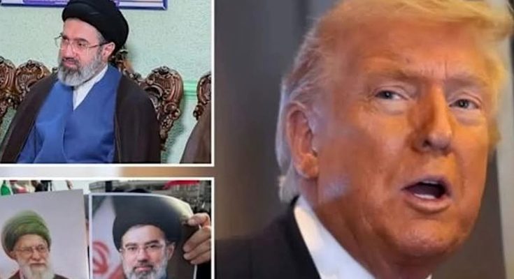 donald Trump speaks alongside images of Iranian cleric Ebrahim Raisi and protest posters