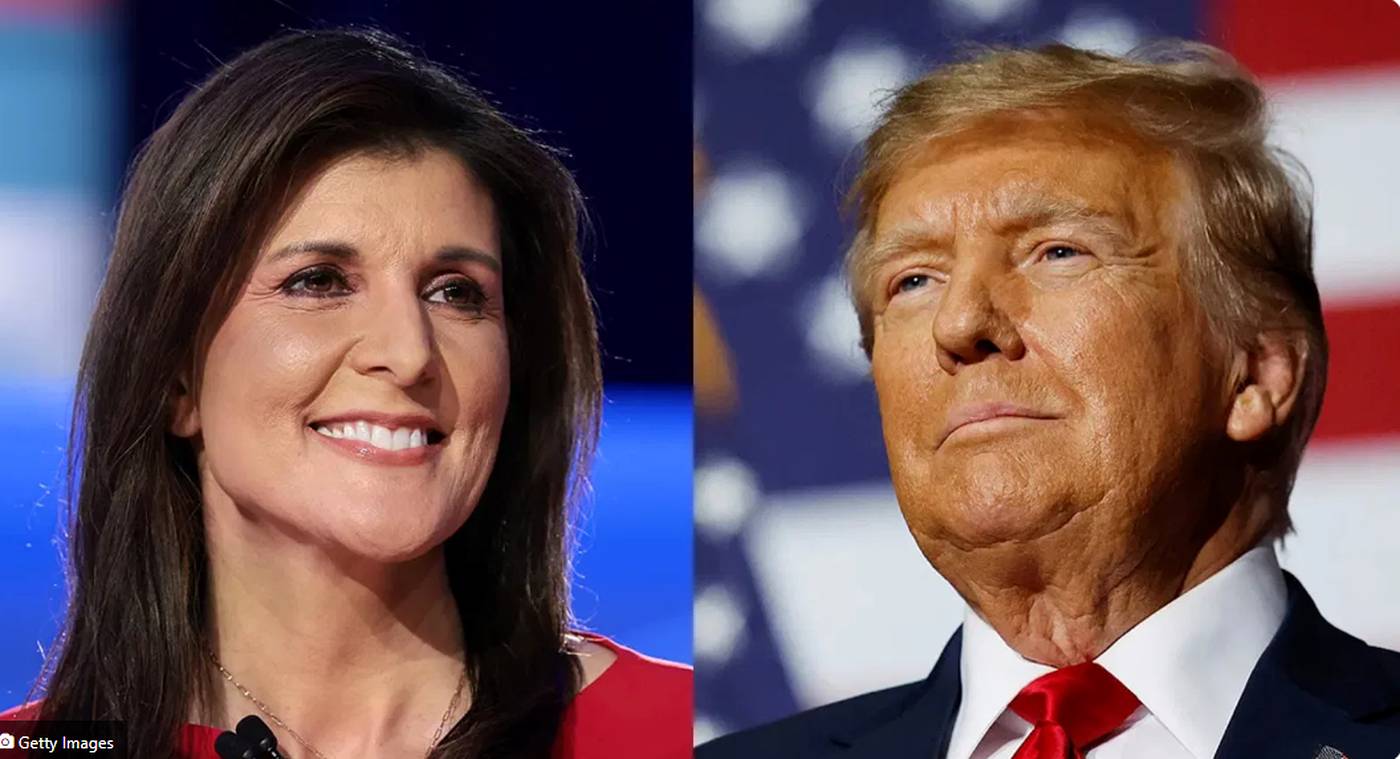nikki Haley and Donald Trump in side-by-side political portraits against American flag