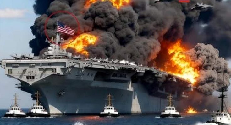 US aircraft carrier burning under Russian jet attack with American flag visible