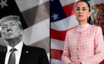 split image showing Donald Trump in black and white against American flag and Claudia