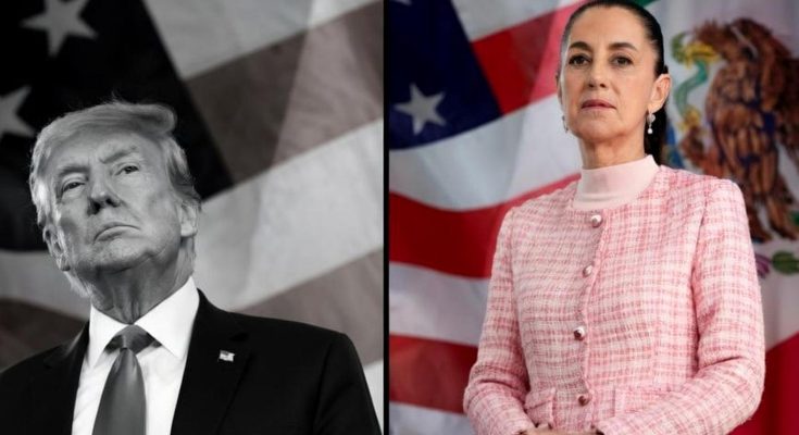 split image showing Donald Trump in black and white against American flag and Claudia