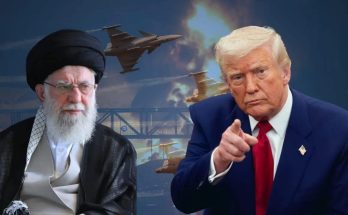 trump points at camera beside Iranian leader with fighter jets and explosions behind them