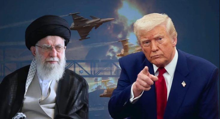 trump points at camera beside Iranian leader with fighter jets and explosions behind them