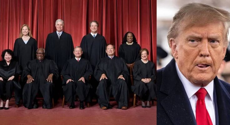 US Supreme Court justices in black robes and Donald Trump in split composition