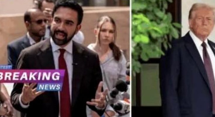 breaking news split screen with reporter and Donald Trump at press event