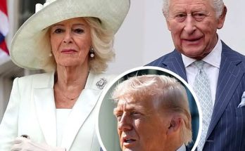 king Charles and Queen Camilla in formal attire with Donald Trump shown in circular inset