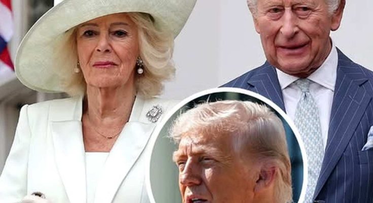 king Charles and Queen Camilla in formal attire with Donald Trump shown in circular inset