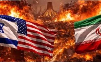 israeli, American and Iranian flags wave amid burning city skyline representing Middle