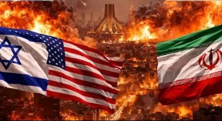 israeli, American and Iranian flags wave amid burning city skyline representing Middle