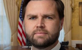 JD Vance portrait in Oval Office with American flag backdrop, official White House setting