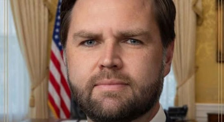 JD Vance portrait in Oval Office with American flag backdrop, official White House setting
